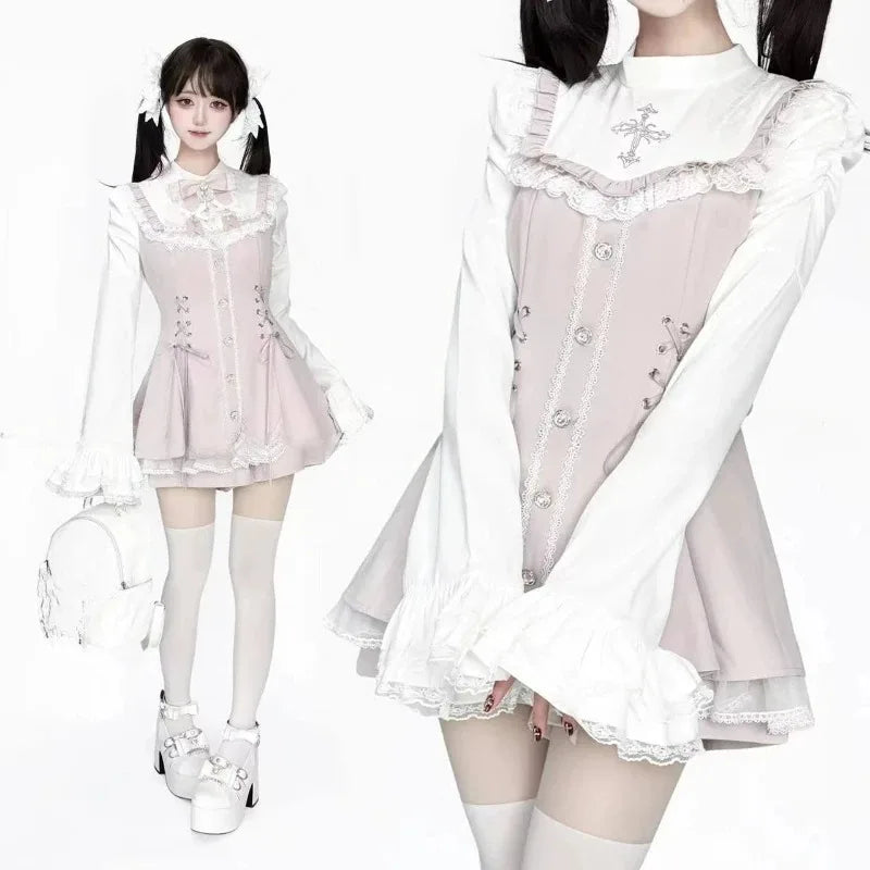 Sweet Lolita Lace up Ruffles Cardigan+ Sexy Slim Fit Strapless Vest Tops+ High Waist Ruched Skirts Early Autumn Three Piece Sets