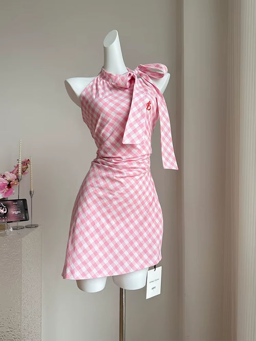 Summer Korean Fashion Mini Plaid Dress Women 2000S Sweet Sleeveless Frocks Party Vintage One-Piece Coquette Evening Old Money