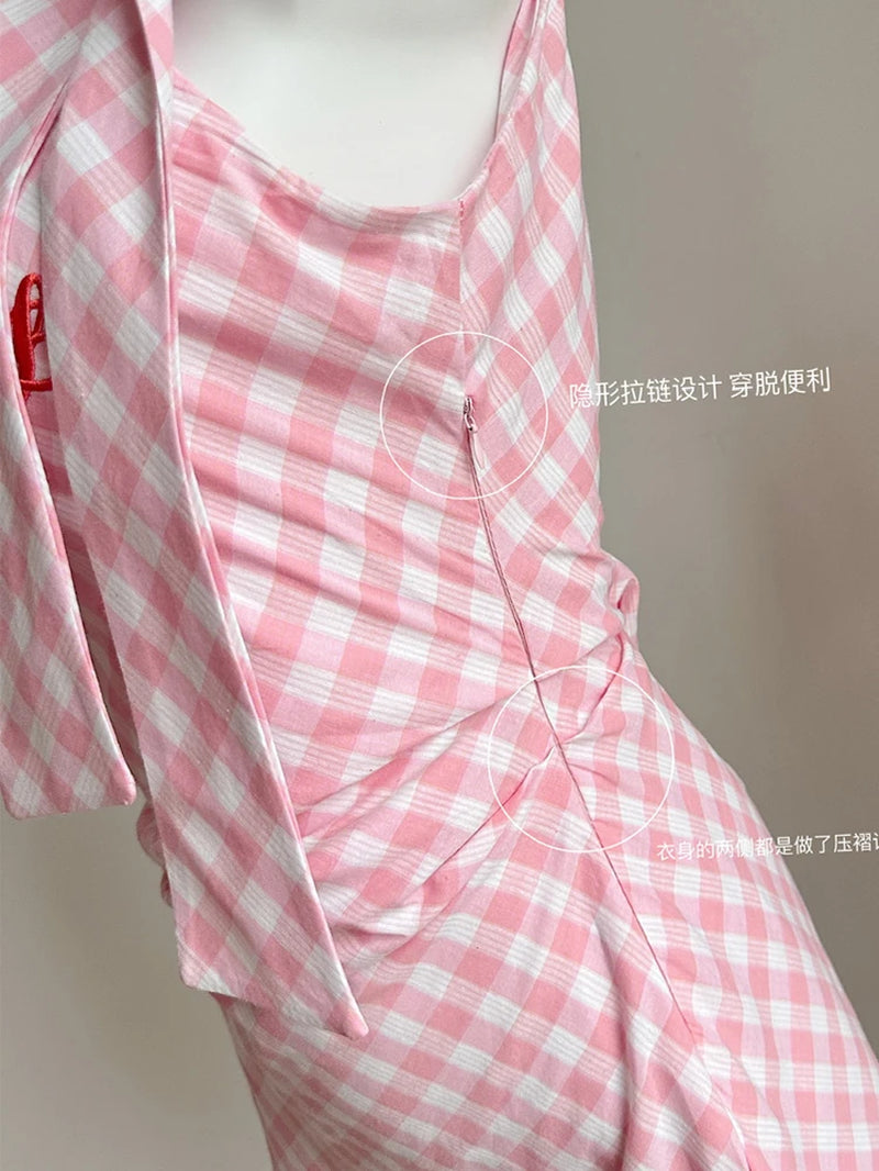 Summer Korean Fashion Mini Plaid Dress Women 2000S Sweet Sleeveless Frocks Party Vintage One-Piece Coquette Evening Old Money