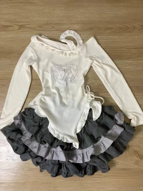 Sweet Lolita Lace up Ruffles Cardigan+ Sexy Slim Fit Strapless Vest Tops+ High Waist Ruched Skirts Early Autumn Three Piece Sets