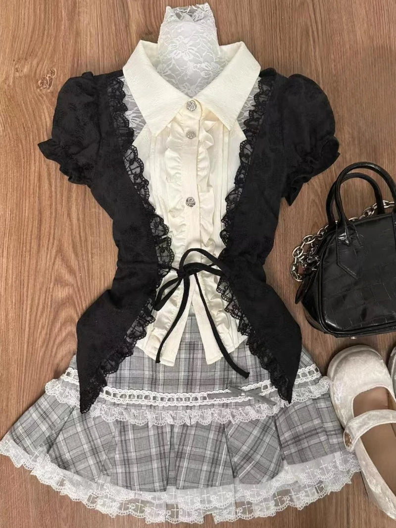Sweet Lolita Lace up Ruffles Cardigan+ Sexy Slim Fit Strapless Vest Tops+ High Waist Ruched Skirts Early Autumn Three Piece Sets