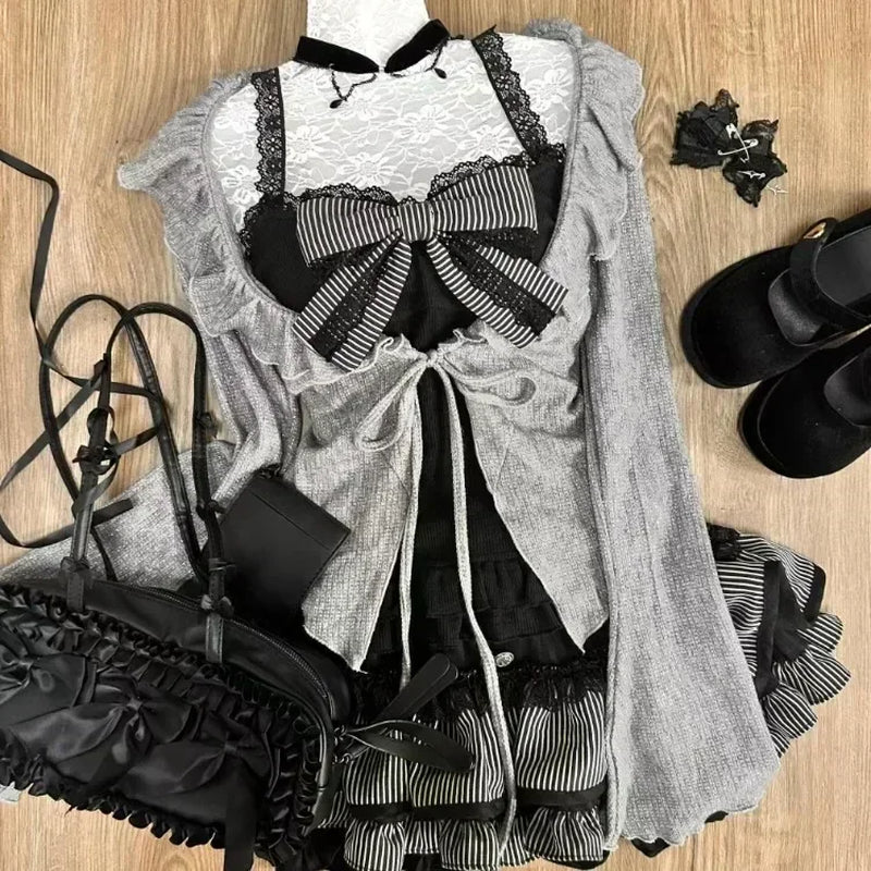 Sweet Lolita Lace up Ruffles Cardigan+ Sexy Slim Fit Strapless Vest Tops+ High Waist Ruched Skirts Early Autumn Three Piece Sets