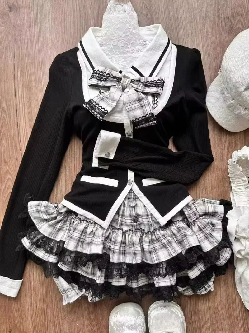Sweet Lolita Lace up Ruffles Cardigan+ Sexy Slim Fit Strapless Vest Tops+ High Waist Ruched Skirts Early Autumn Three Piece Sets