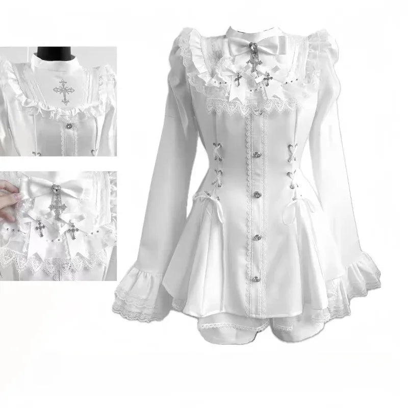 Sweet Lolita Lace up Ruffles Cardigan+ Sexy Slim Fit Strapless Vest Tops+ High Waist Ruched Skirts Early Autumn Three Piece Sets