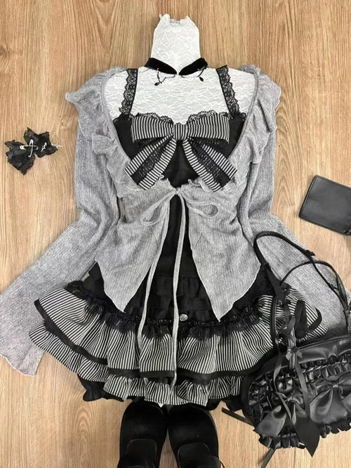 Sweet Lolita Lace up Ruffles Cardigan+ Sexy Slim Fit Strapless Vest Tops+ High Waist Ruched Skirts Early Autumn Three Piece Sets