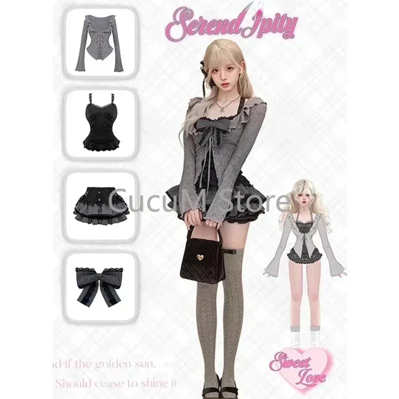 Sweet Lolita Lace up Ruffles Cardigan+ Sexy Slim Fit Strapless Vest Tops+ High Waist Ruched Skirts Early Autumn Three Piece Sets