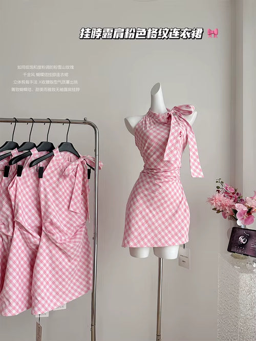 Summer Korean Fashion Mini Plaid Dress Women 2000S Sweet Sleeveless Frocks Party Vintage One-Piece Coquette Evening Old Money
