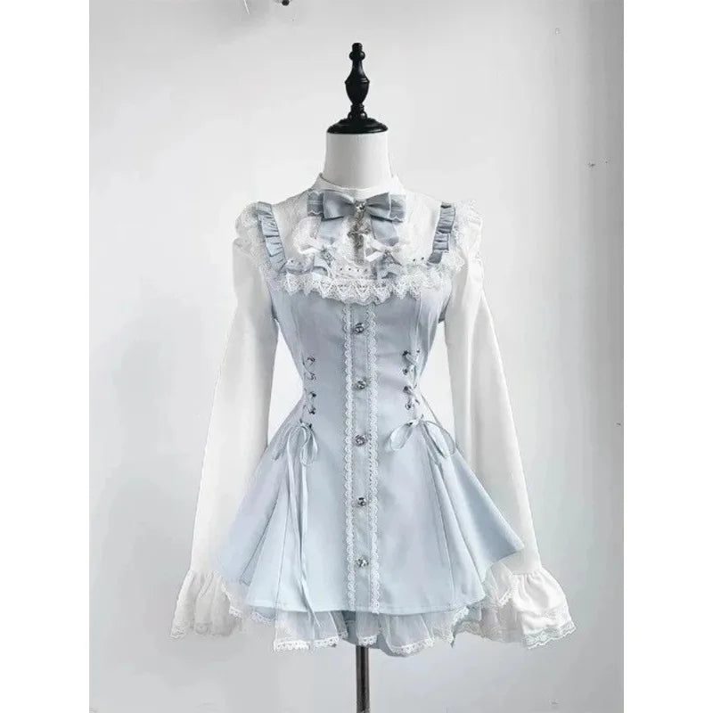 Sweet Lolita Lace up Ruffles Cardigan+ Sexy Slim Fit Strapless Vest Tops+ High Waist Ruched Skirts Early Autumn Three Piece Sets